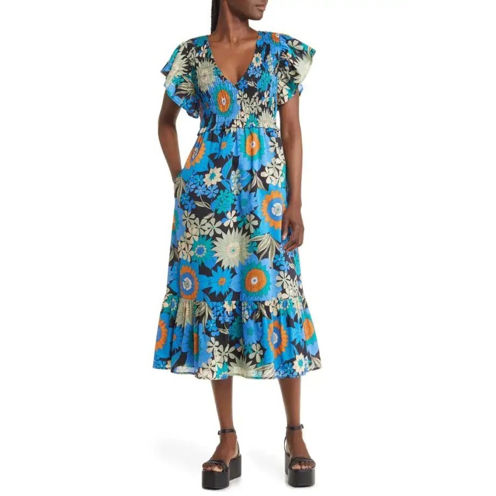 Rails Clementine Wildflower Blue Azul Dress Women Size M Blue Smocked Midi